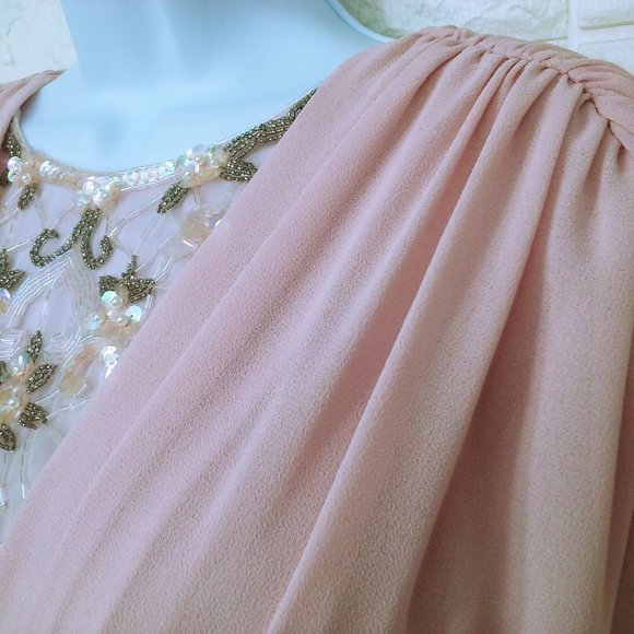 Vintage 90s Abby Kent Cocktail Dress -10 Ruched Crepe Embellished Fullskirt Pink - Picture 5 of 11